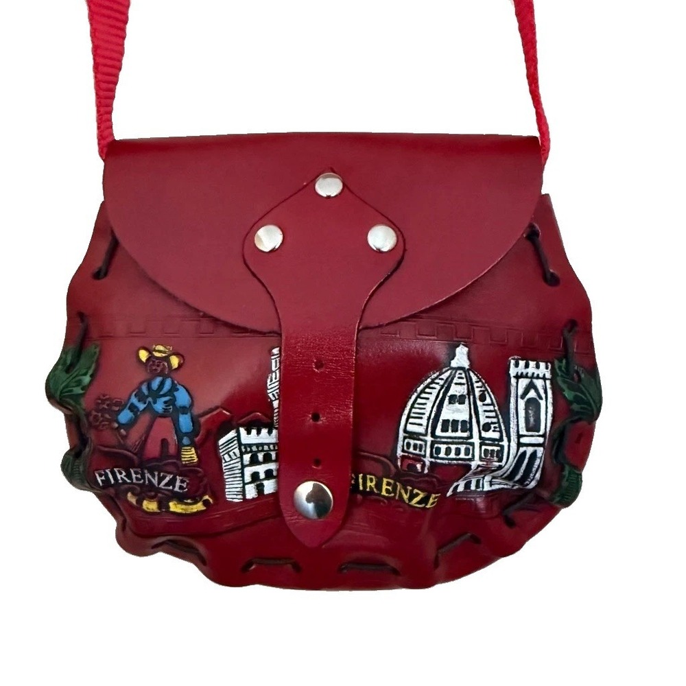 FIRENZE Red Leather Mini Crossbody Purse Hand Decorated Made Italy Souvenir